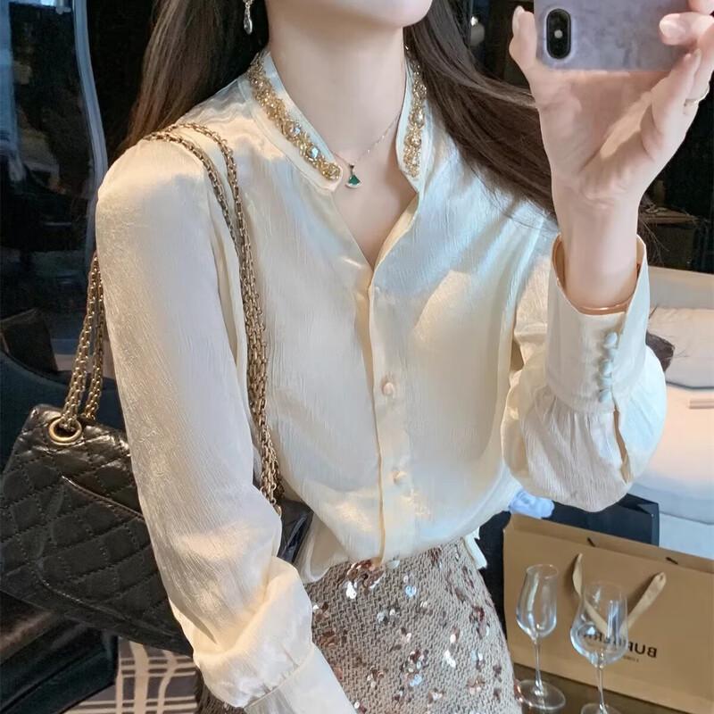 Women's Cream Apricot French Style Satin V-Neck Blouse