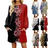 Модное женское осеннее повседневное свободное платье с цветочным принтом и длинным рукавом