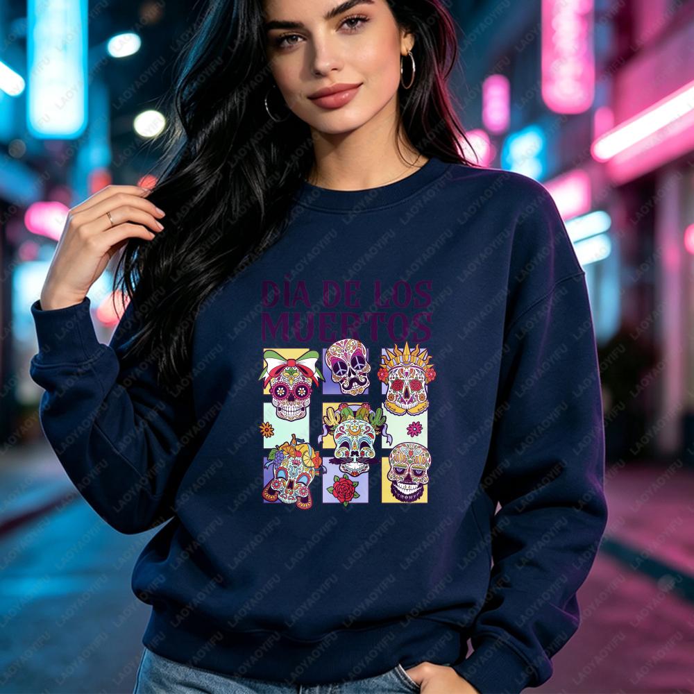 Día De Los Muertos Crewneck Hoody Day of the Dead Sugar Skull Design Sweatshirt La Catrina Mexican Halloween Women's Pullover