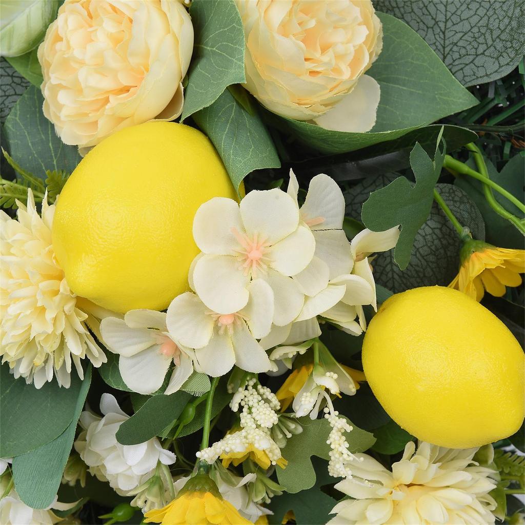 Spring Lemon Wreath Artificial Lemon Teardrop Wreath with Peony Flowers Green Leaves Decorative