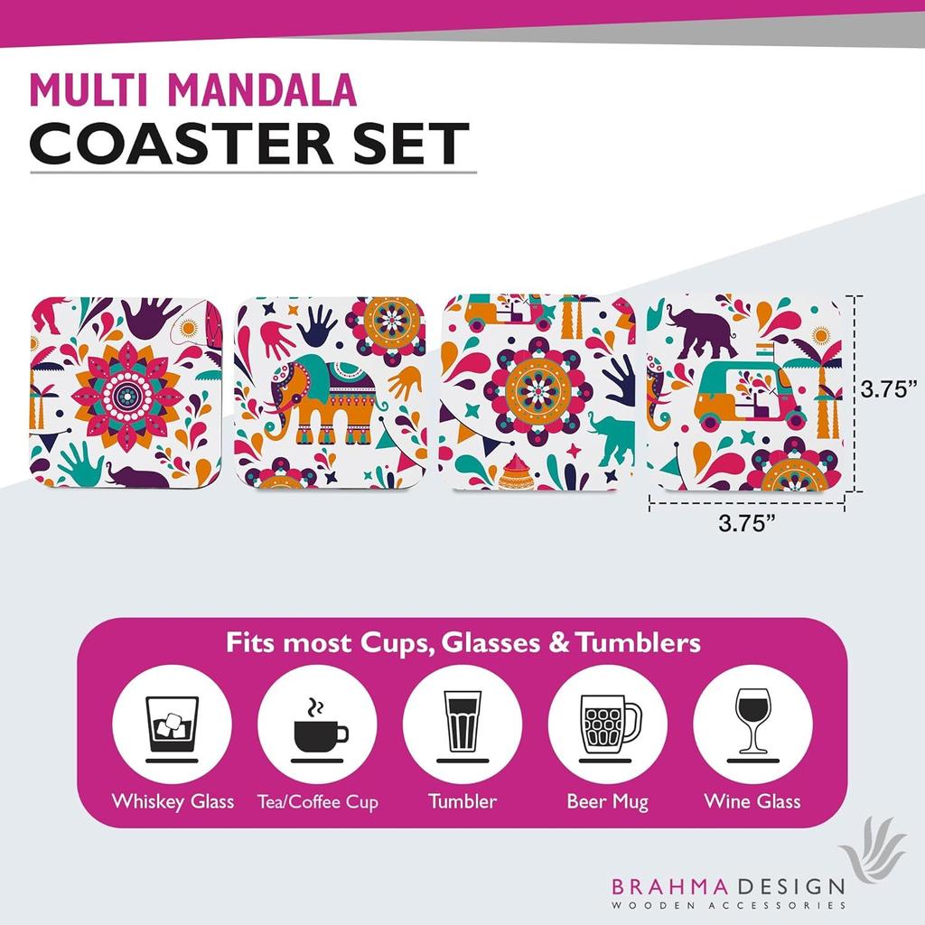 Набор с подарочной коробкой. Набор индийского дизайна из 4 настольных квадратных подставок размером 3,75 x 3,75 дюйма. Деревянные декоративные элементы для кухонного стола для чашек, кружек, банок, стаканов.