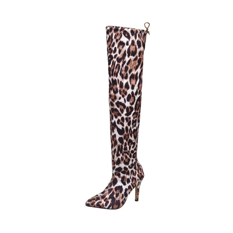 Модные европейские и американские туфли на высоком каблуке с леопардовым принтом, женские ботфорты большого размера на тонком каблуке выше колена с эластичными вставками