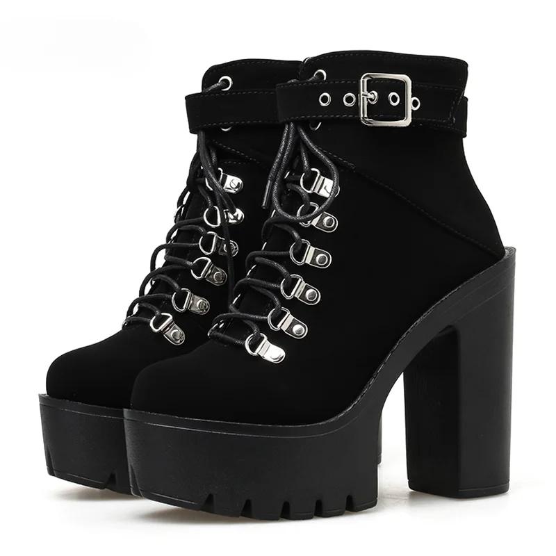 Women Boots Platform Buckle Boot Winter Footwear Thick Heel Autmn Boots With Zipper Ankle Strap Black Suede Gothic Lace Up