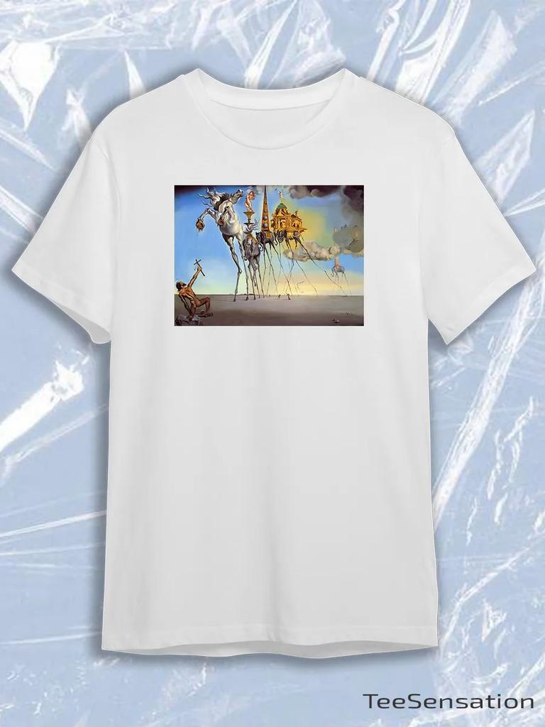 TeeSensation White Crew Neck Short Sleeve T-Shirt with Salvador Dali Temptation of Saint Anthony Print