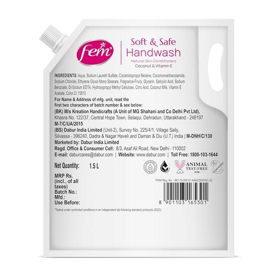 Dabur Мягкое и безопасное средство для мытья рук Fem Fruity Squash - 1500 мл | Обогащено полезными свойствами кокосового молока и витамина Е | Стойкий аромат