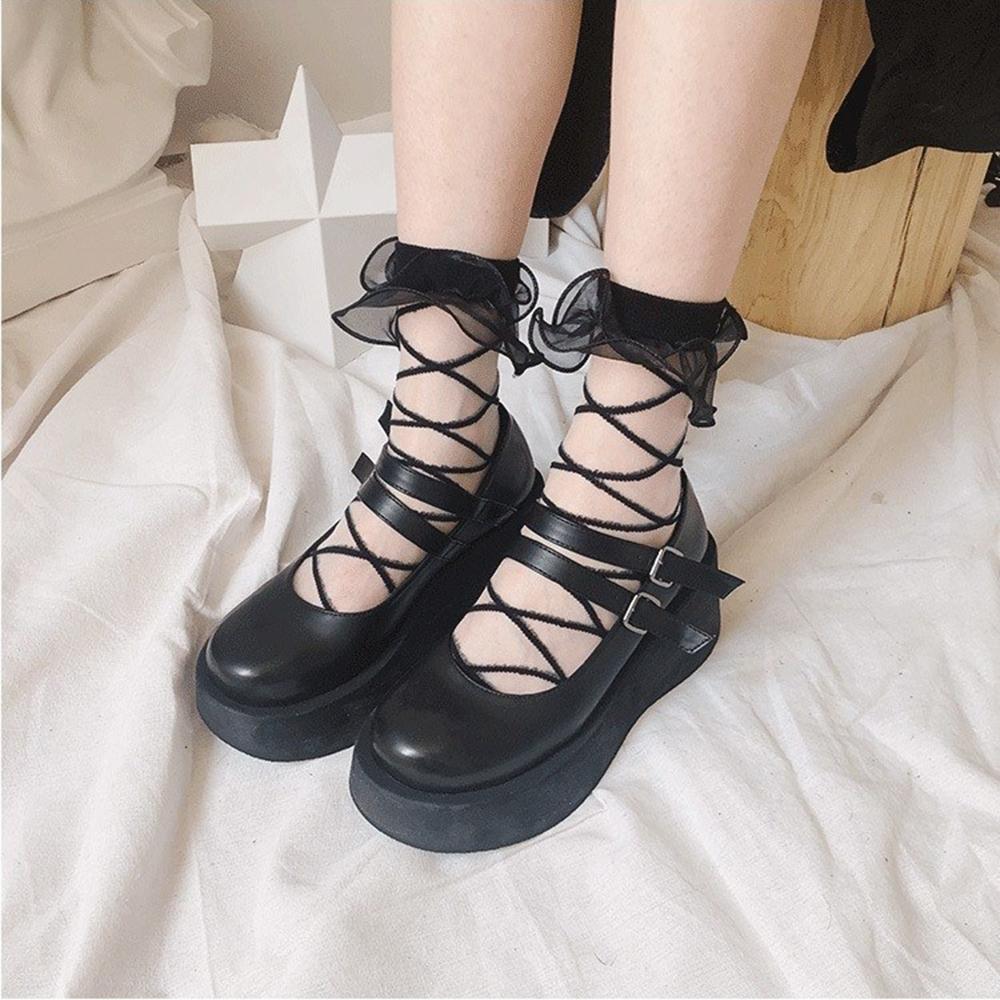 Women Lolita Organza Ruffle Ankle Socks, Summer Sheer Glass Silk Crisscross Strap Mesh Socks, Japanese Sweet Cosplay Short Socks