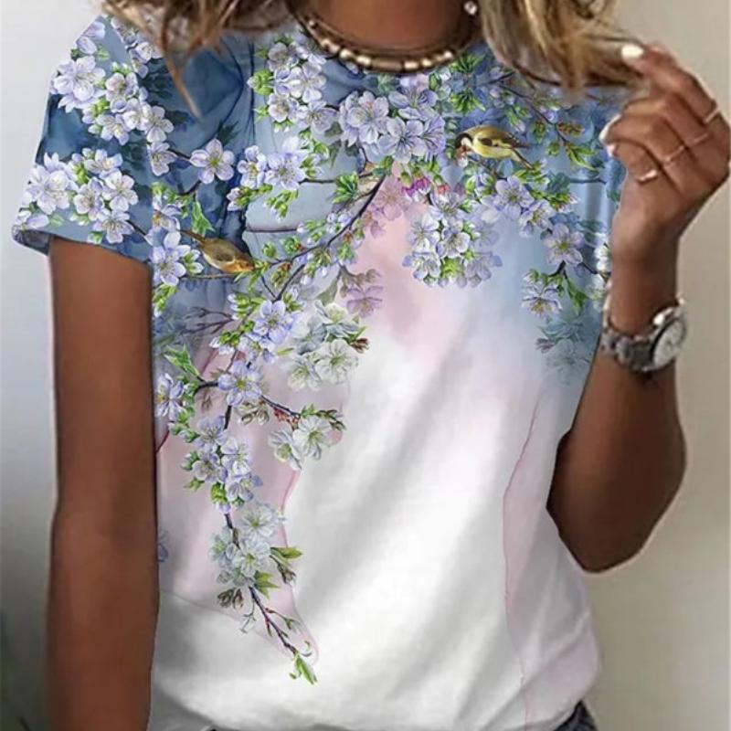 2023 New Women's Summer Short Sleeve T-shirt 3D Floral Print Round Neck Loose Casual Style T-shirt