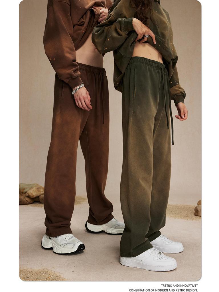 Autumn 2024 Retro Washed Distressed Spray Dye Sweatpants for Men - Loose Fit with Drawstring