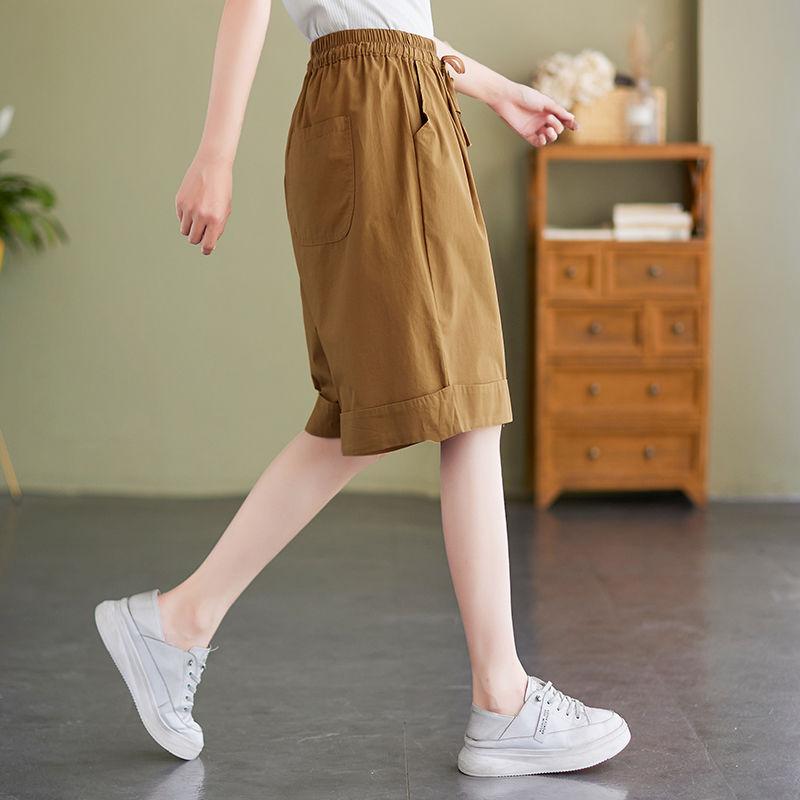 Женская одежда в японском стиле, эластичные, с высокой талией, простые пляжные шорты, женская повседневная уличная одежда, свободные, широкие брюки длиной до колена