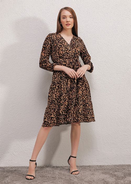 MT Clothes - Robe imprimée à Col Croisé - Marron 36