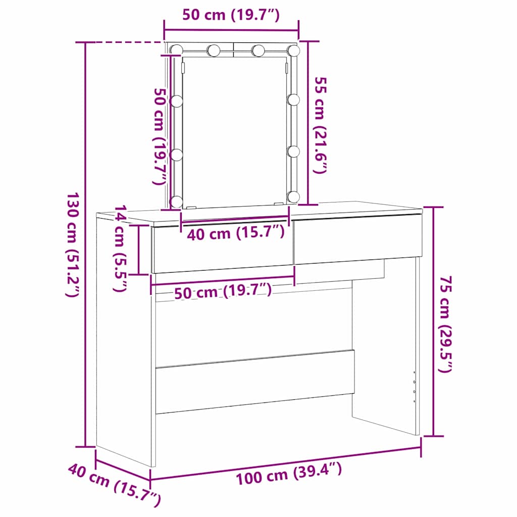 Makeup Table with Mirror Black Oak Look 100 x 40 x 130 cm