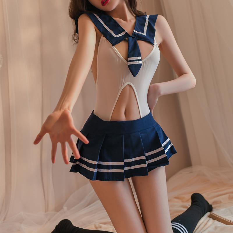 Funny Lingerie Sexy Student Costume Split Hot Open Cut Bodysuit Passionate Hollow Out Uniform Set