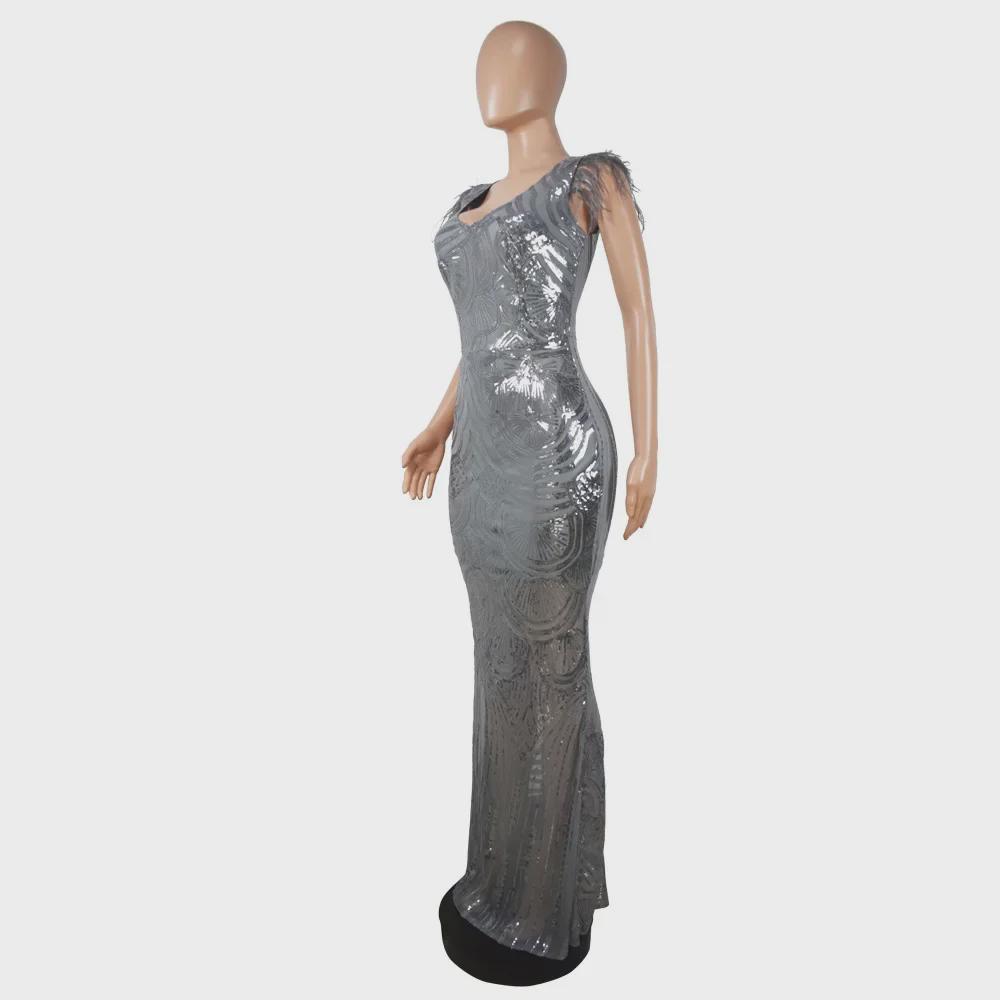 Европейская и американская мода вечернее платье с пайетками и перьями на плечах и бедрах