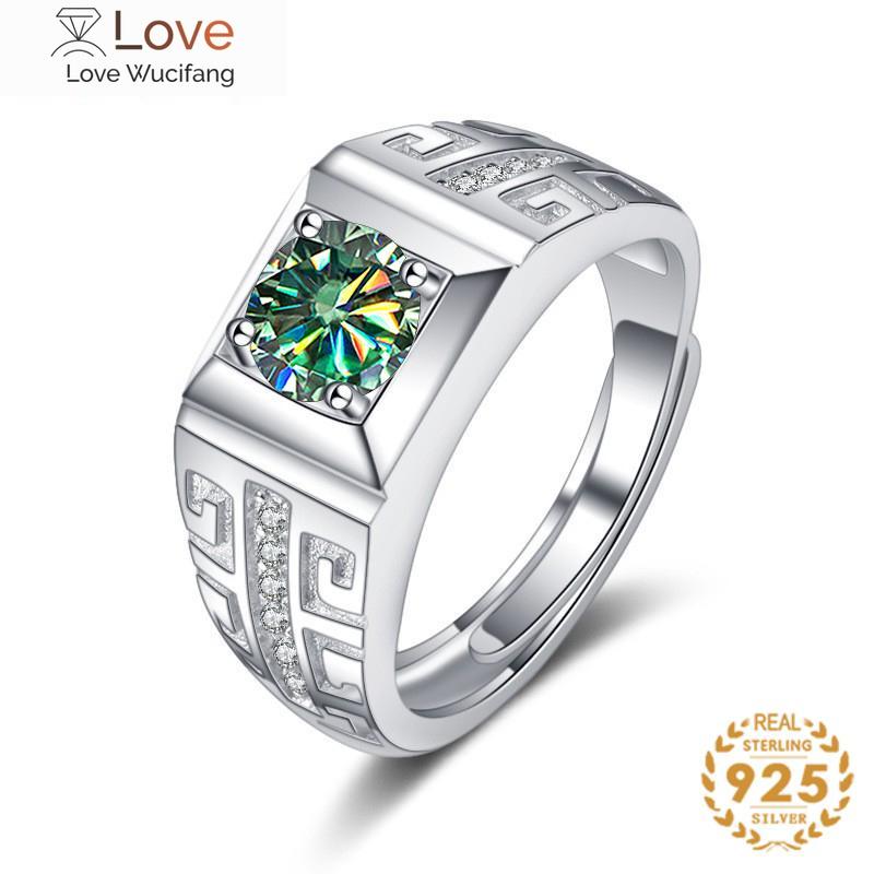 Luxury Sterling Silver 925 Jewelry Men's Ring 1 Carat Moissanite Diamond Lab Created Gemstone Size7-11 Resizable Gift