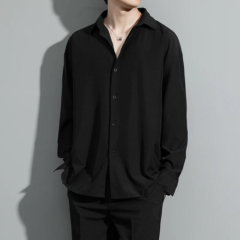 Мужская черно-белая рубашка на весну-лето 2026 года, мужские рубашки из ледяного шелка, мужская повседневная рубашка свободного кроя, мужская рубашка с длинным рукавом, корейская рубашка