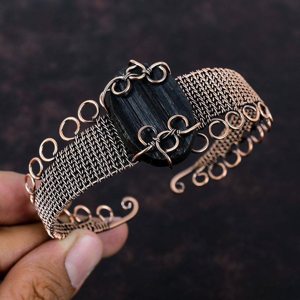 Black Tourmaline Rough Cuff Bracelet Copper Wire Wrapped Bangle Gemstone Adjustable Cuff Handmade Jewelry Gift For Women Copper Wire Jewelry