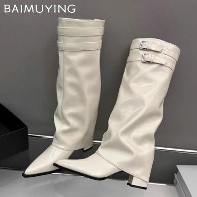 Высокие каблуки Женские высокие сапоги с толстым острым носком Кожаные туфли Женские трендовые зимние высокие сапоги до колена Челси Мотоциклетные ботинки Mujer