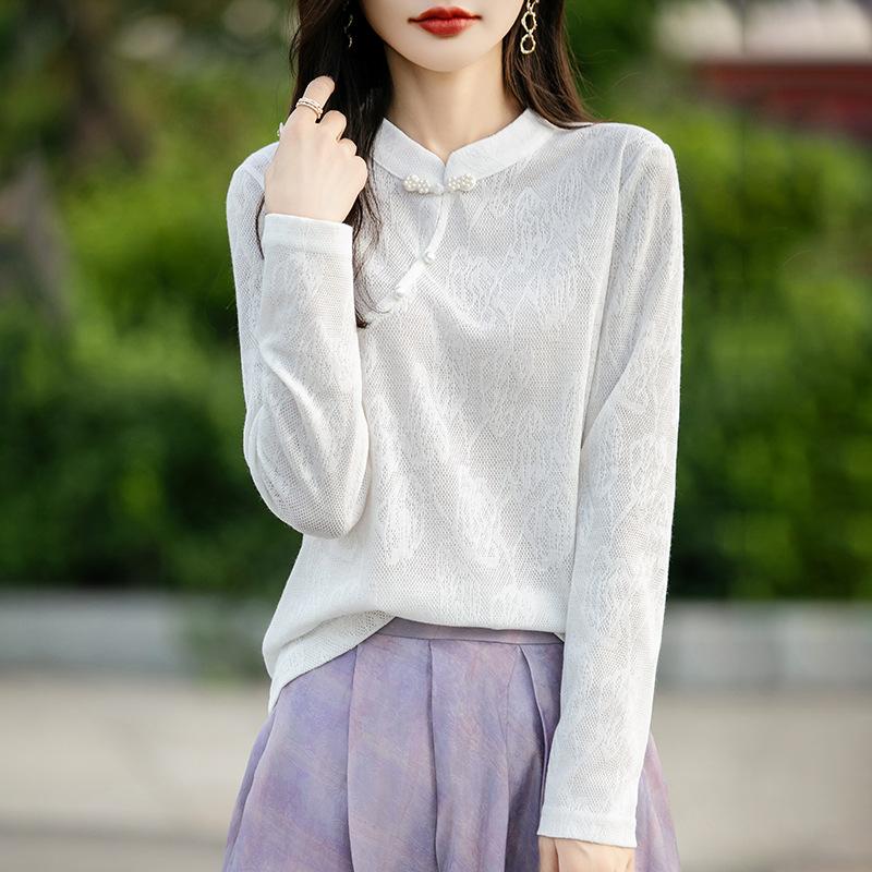 Осень и зима Новый китайский Женский трикотажный топ с пуговицей на пластине Мягкая рубашка в стиле ретро