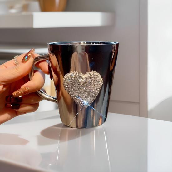 Coffee Mug Heart-Shaped Rhinestone Water Cup Stainless Steel Faux Crystal Mugs for Hot Beverage