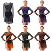 Womens Figure Skating Dress Contrast Color Rhinestones Gradient Mesh Skirt One Piece Leotard