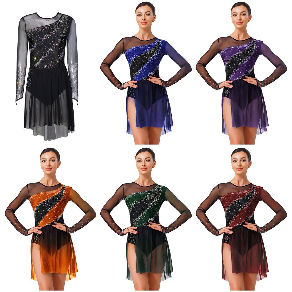 Womens Figure Skating Dress Contrast Color Rhinestones Gradient Mesh Skirt One Piece Leotard