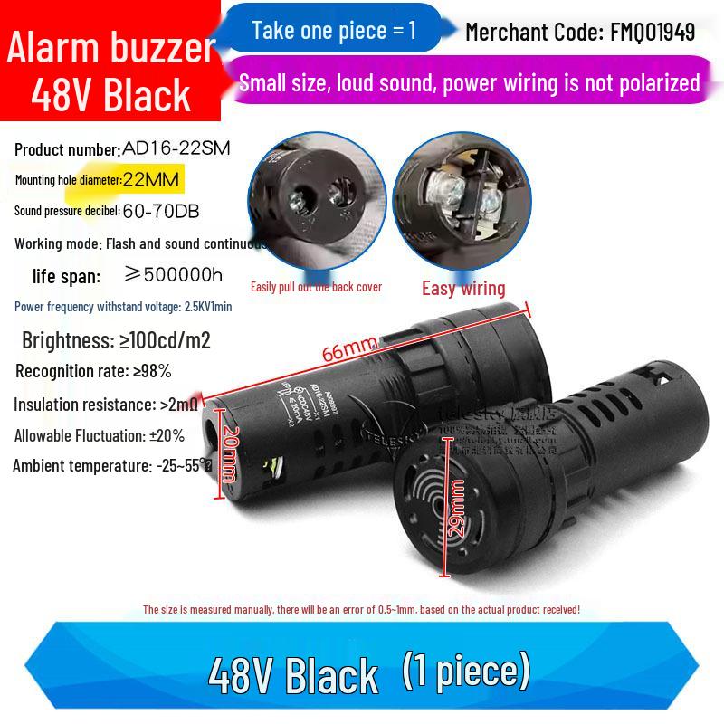 Buzzer with Intermittent Sound and LED Flashing Alarm AD16-22SM, Compatible with AC/DC 12V-220V