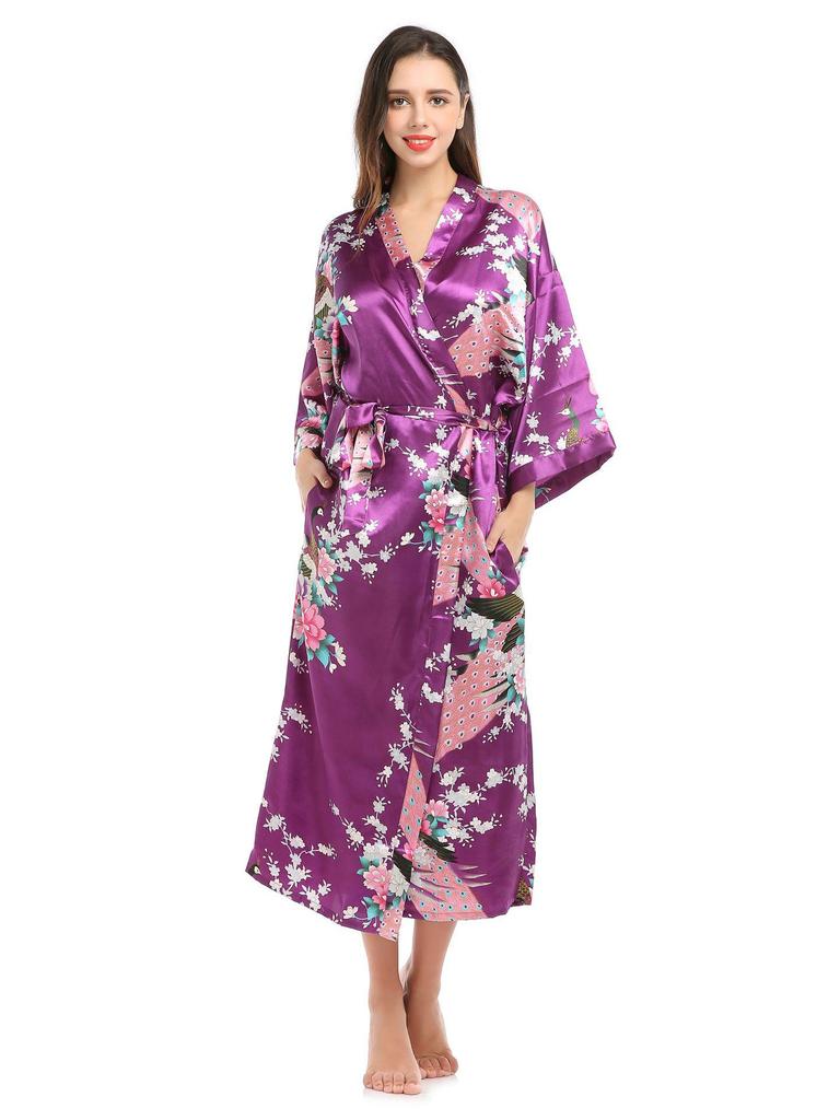 Длинный летний кардиган-пижама с принтом павлина и карманами