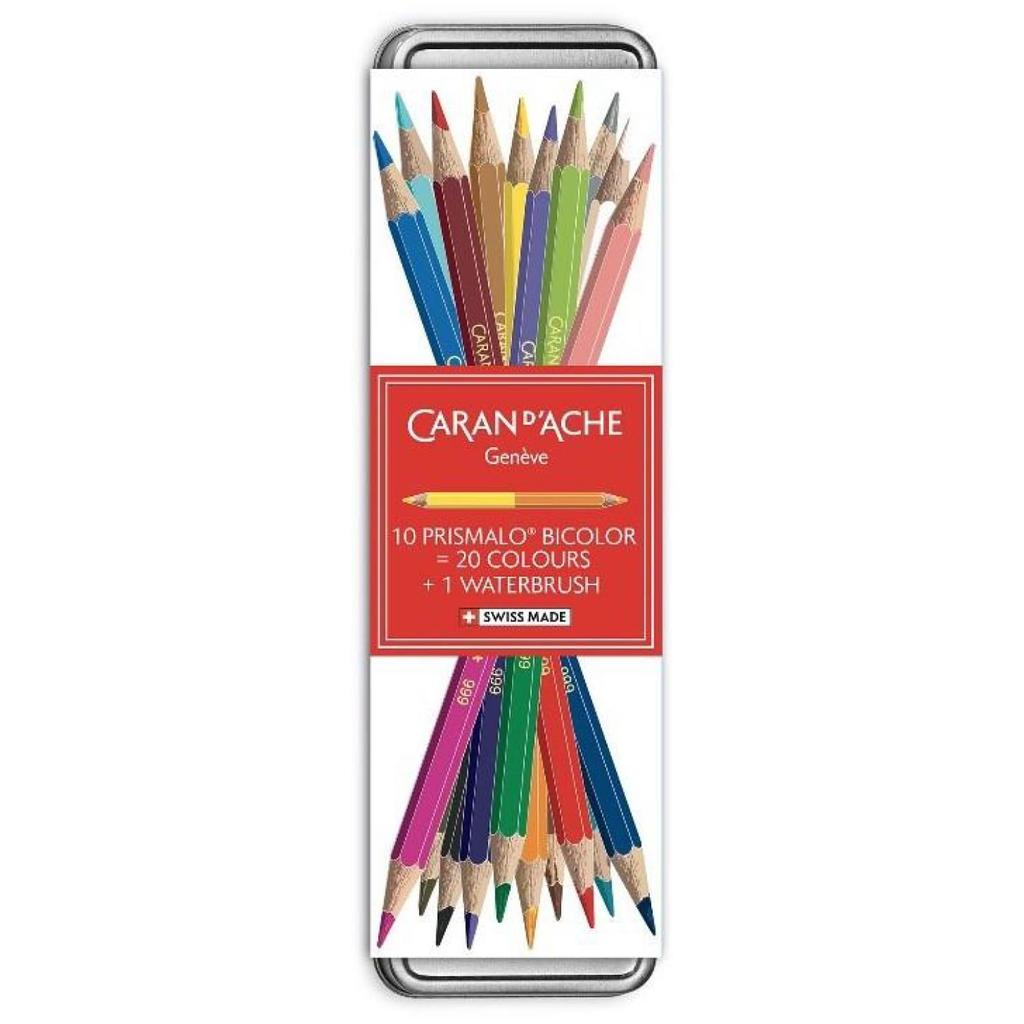 CARAN D'ACHE Water-Soluble Prismalo Bicolor Set "Give a Little Joy" CC0999-311, 20 Colors (10 Pencils + 1 Water Brush), Metal Tin, Officially Imported