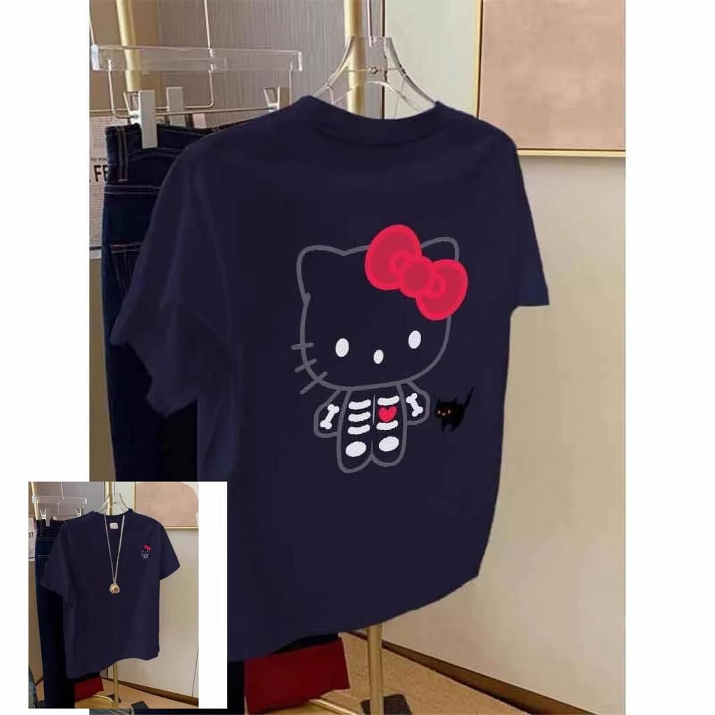 Summer Hello Kitty Oversized Tshirt High Quality Cotton Skeleton Print Unisex Retro Casual YK Tee for Adults Kids