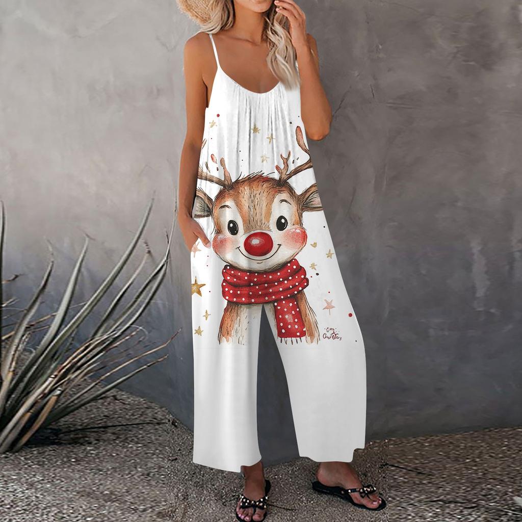 Женский рождественский принтованный комбинезон, свободный, с регулируемыми подтяжками