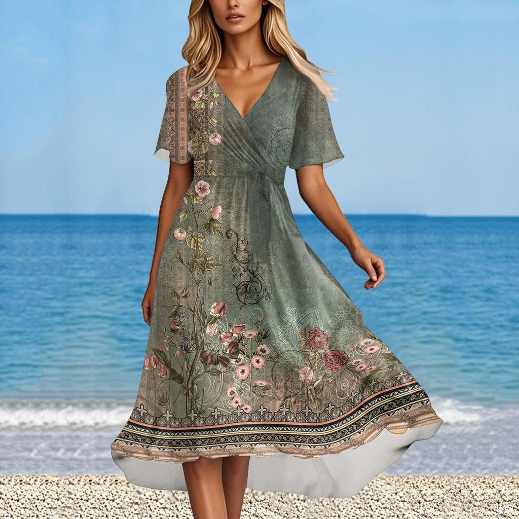 Women's Summer Fashion V-Neck Flared Dress Short Sleeve Floral Dresses