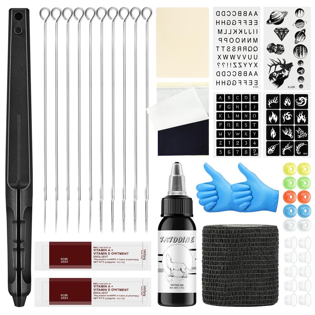Татуировки Рука Poke Pen Шаблон татуировки и Набор наклеек для татуировки Боди-Арт Перманентные 20 мл Черные чернила для татуировки Советы по татуировке 5RL 5M1 Набор инструментов для татуировки
