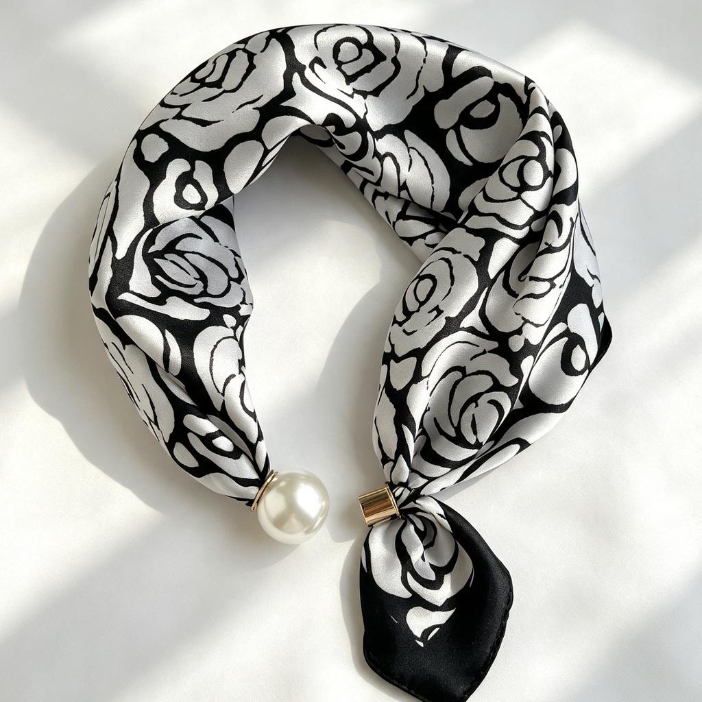 New retro pearl magnetic buckle small silk scarf women's high-end satin printed scarf summer versatile small scarf