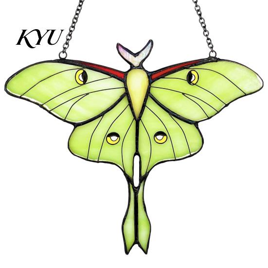 Green Insect Window Hanging Stained Glass Style Hanging, Acrylic Moth Suncatcher, Decorative Pendant with Transparent Art Metal Chain, Ornament