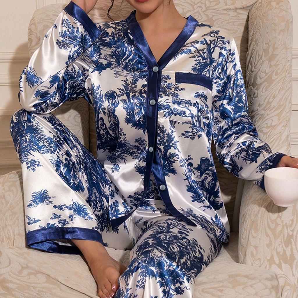 Spring Autumn Women Black Pyjamas Set Graphic Printing Tops and Pants Satin Sleepwear Loose 2 Piece Pajamas Loungewear Outfits