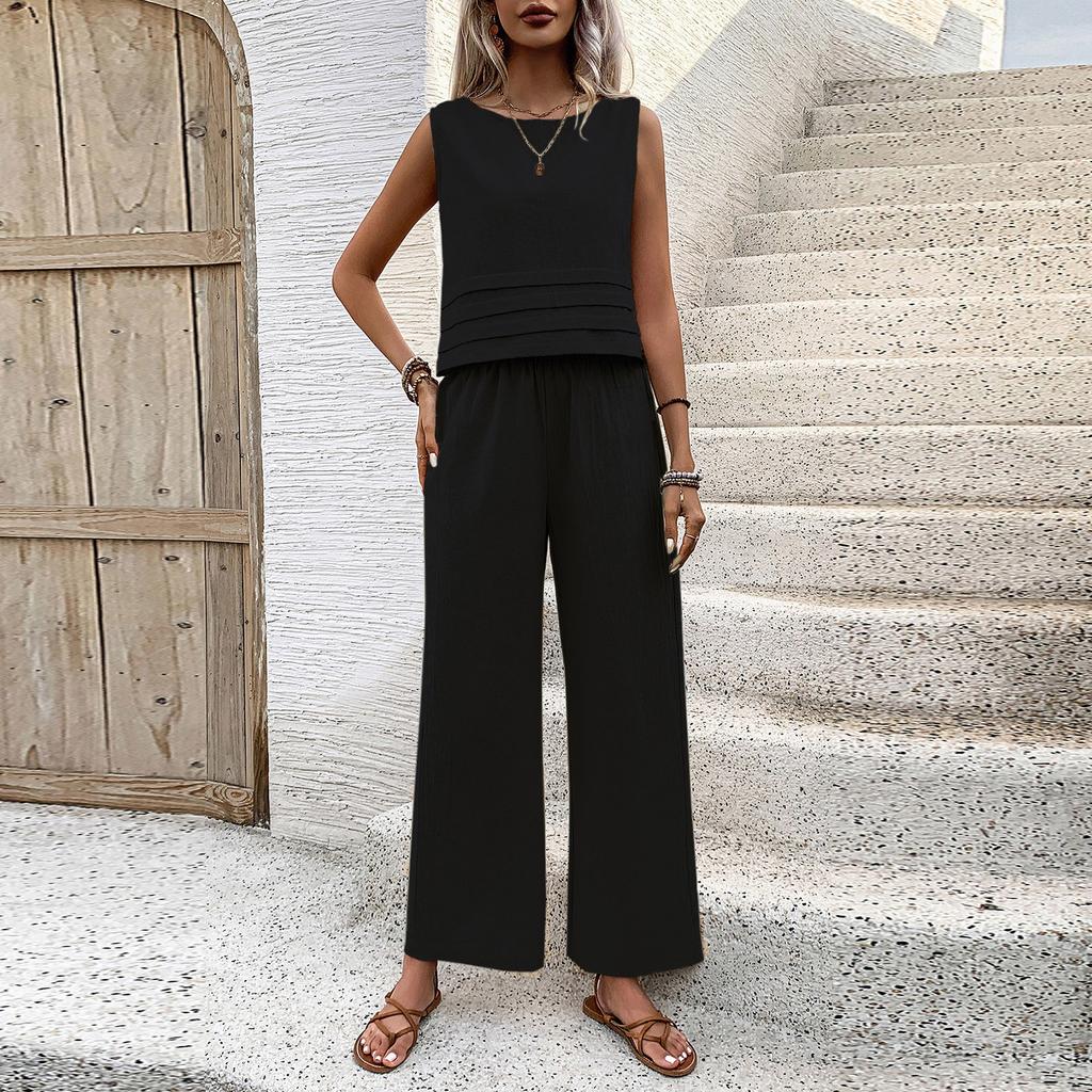 Женский модный повседневный однотонный короткий топ без рукавов с эластичной резинкой на талии, комплект из двух предметов