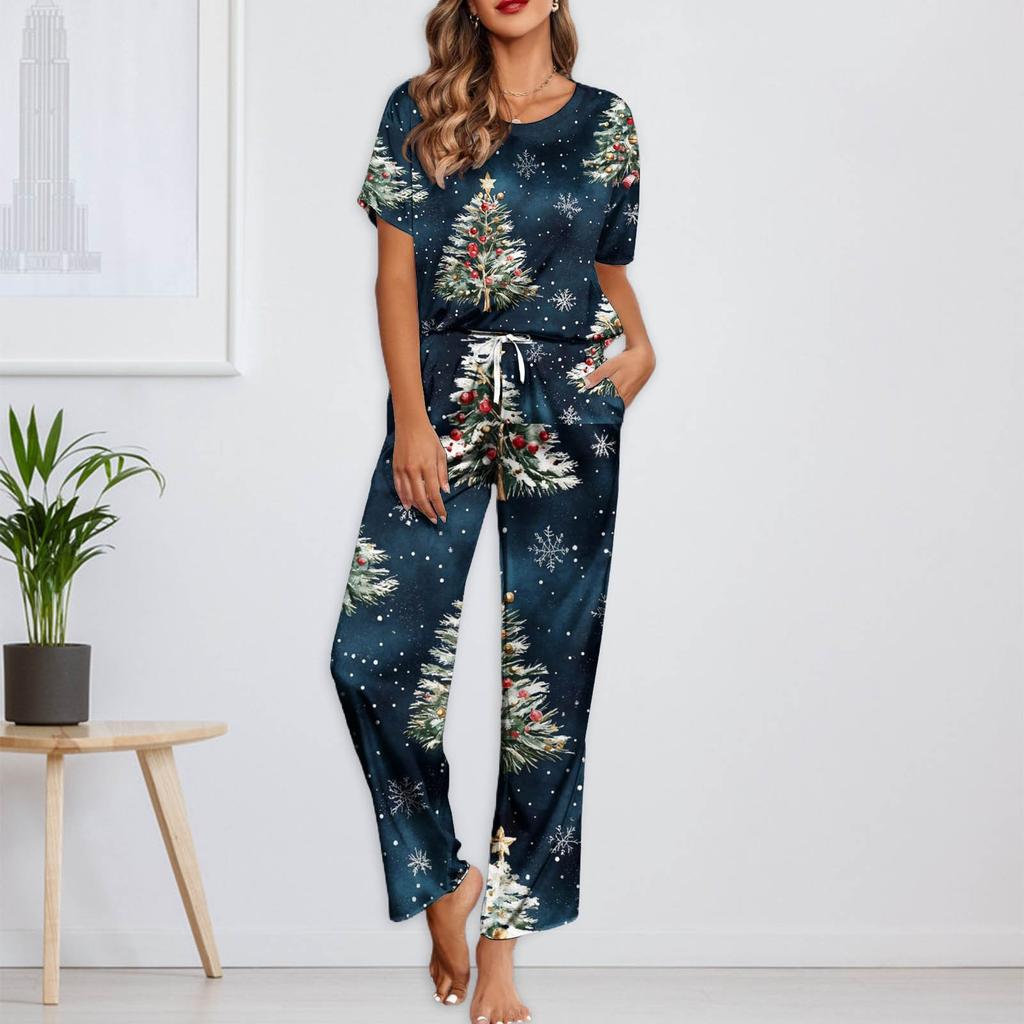 Женский шелковый атласный пижамный комплект с рождественским принтом, рубашка с коротким рукавом и длинные пижамные штаны, мягкая домашняя одежда