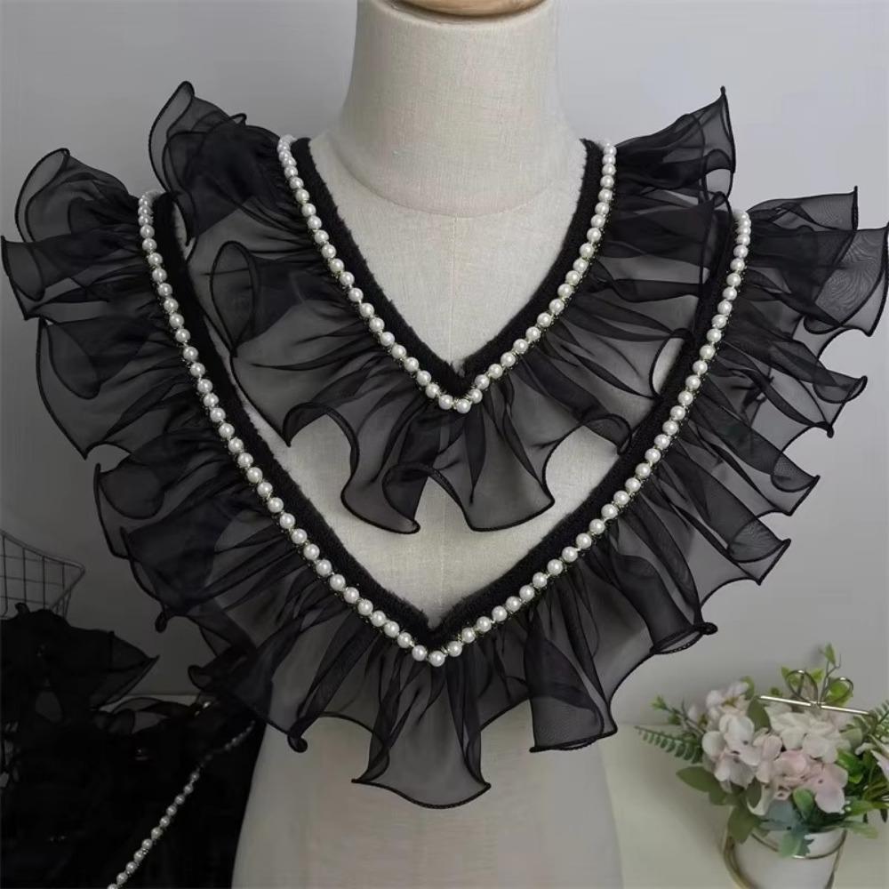 Новое 8 см Широкое Кружево с Бисерной Рюшей DIY Черная Плиссированная Ткань с Рюшами Органза Жемчужное Кружево Аксессуары Платье Юбка Воротник Край