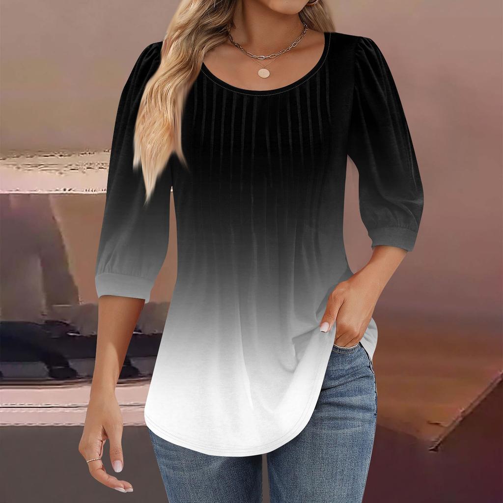 Женские туники с пышными рукавами 3/4, топы, плиссированные блузки с воротником, повседневные свободные весенне-летние футболки