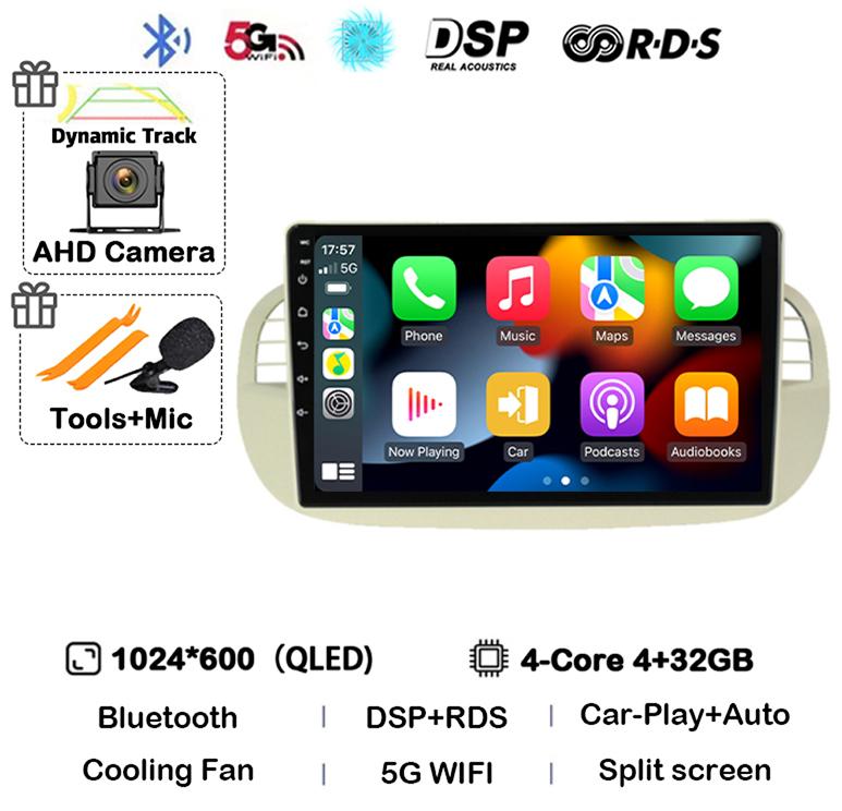 Android 14 Carplay& Auto Car Radio Stereo For Fiat 500 GPS Navigation Steering Wheel Control Multimedia BT WIFI+4G Head Unit DSP