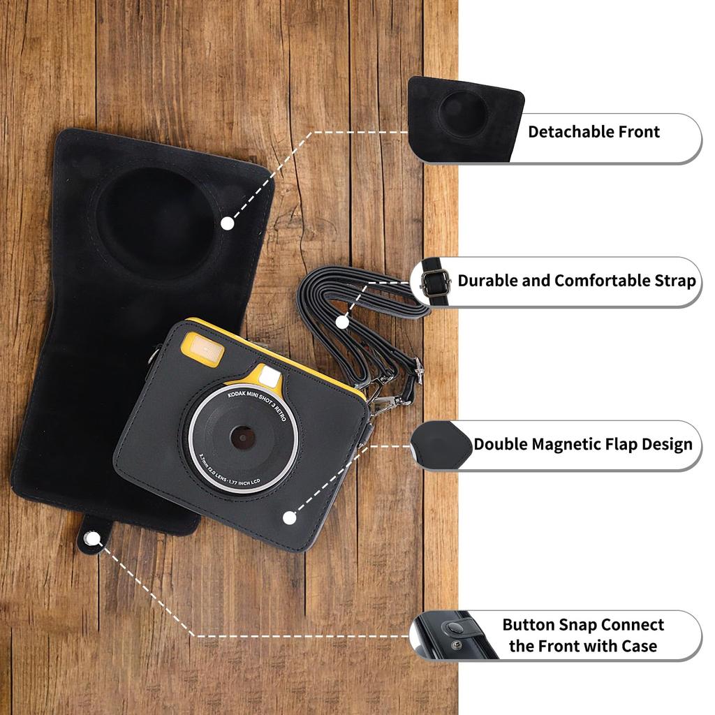 HIYQIN Protective Case for Kodak C300R/Mini Shot 3 Retro 2-in-1 Camera, PU Leather Bag with Adjustable Shoulder Strap - Black