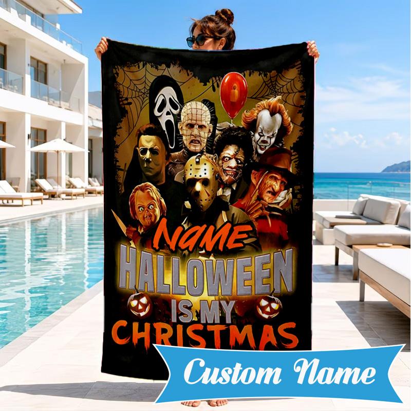 Custom Name Halloween Horror Christmas Beach Towel Microfiber Beach Towel, Lightweight and Quick-Dry, for Summer Travel, Swimming Pool Gift