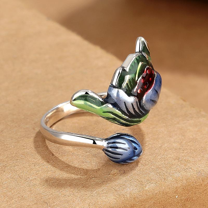 Ретро Кольцо Лотос из Голубой Эмали Женское Национальный Тренд Национальный Ветер Капли Мастерство Индивидуальные Ювелирные Изделия