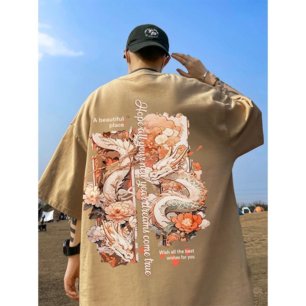 Футболка с коротким рукавом с принтом «Год Дракона, год Хонмэй», мужская летняя, 100% хлопок, принт «Национальный прилив», свободный покрой