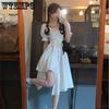 Irregular Hem Solid Color Dresses Female Summer Design Sense Bubble Sleeve Dress