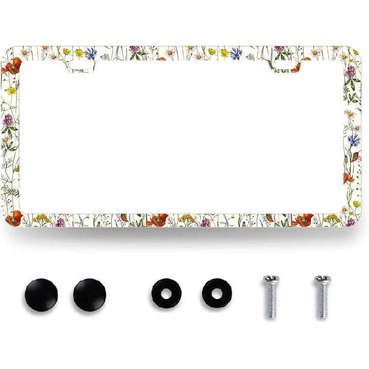 Blue Boho Flowers License Plate Frame Cute Floral License Plate Personalise Auto Parts For Men Women Car Decoration Stainless Steel Funny License