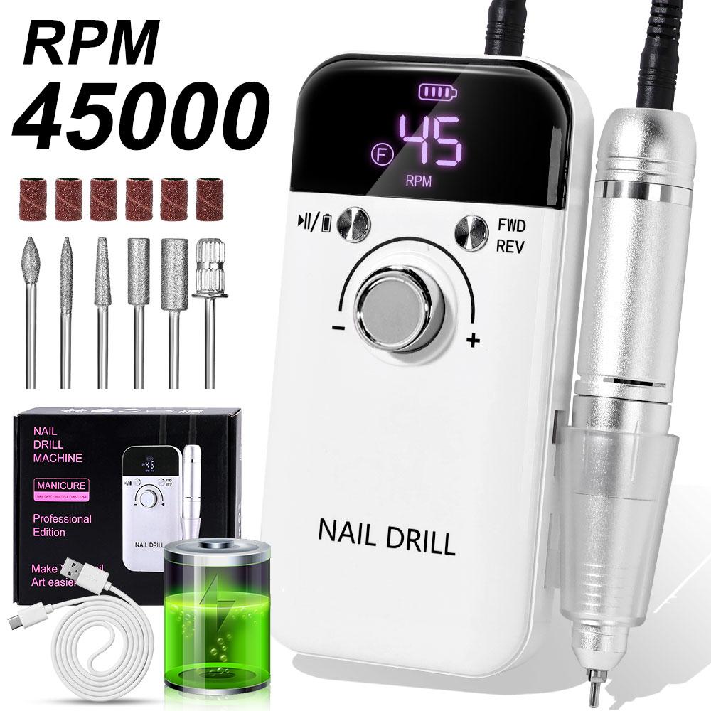45000RPM Rechargeable Electric Nail Drill Machine Professional Nail Drills for Gel Nails Polish Portable Nail File Manicure Tool
