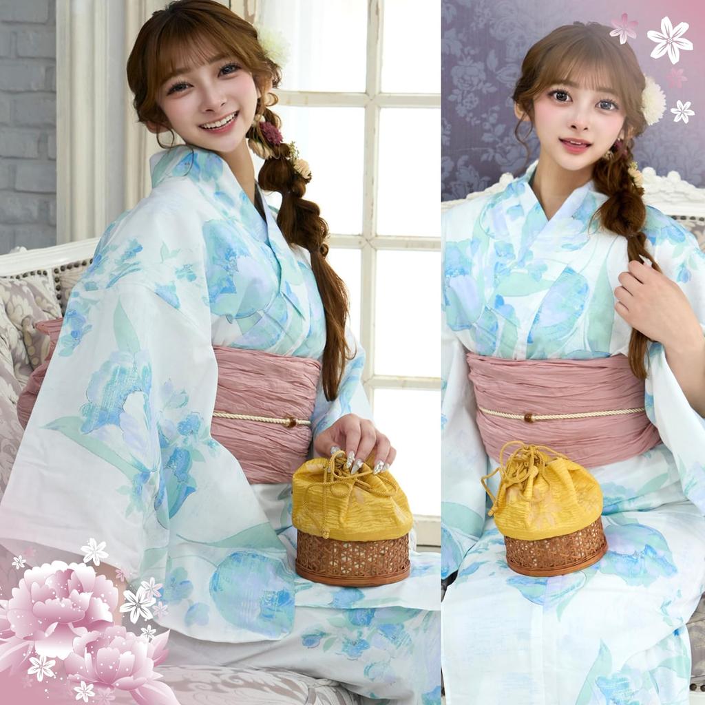 RAVIR Yukata White with a Refreshing Tulip Fluffy Obi and Geta One Size Fits All Women's 3-Piece Set, Design, Belt, Sandals, Blue,