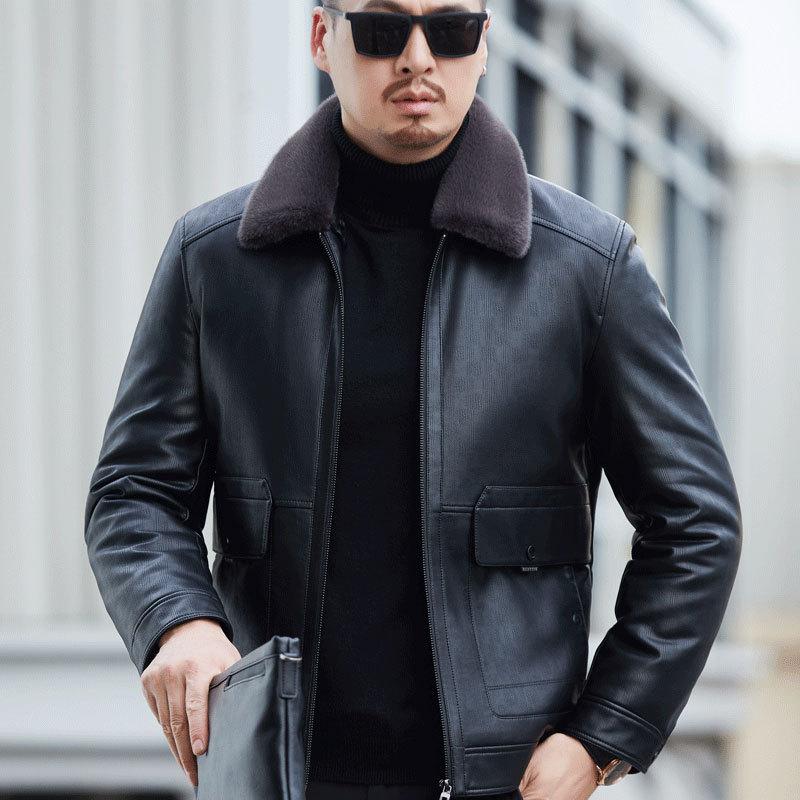 Men's Down Jacket Leather Jacket Men's Genuine Leather Jacket Lapel Thickened Warm White Duck Down Jacket Winter Jacket