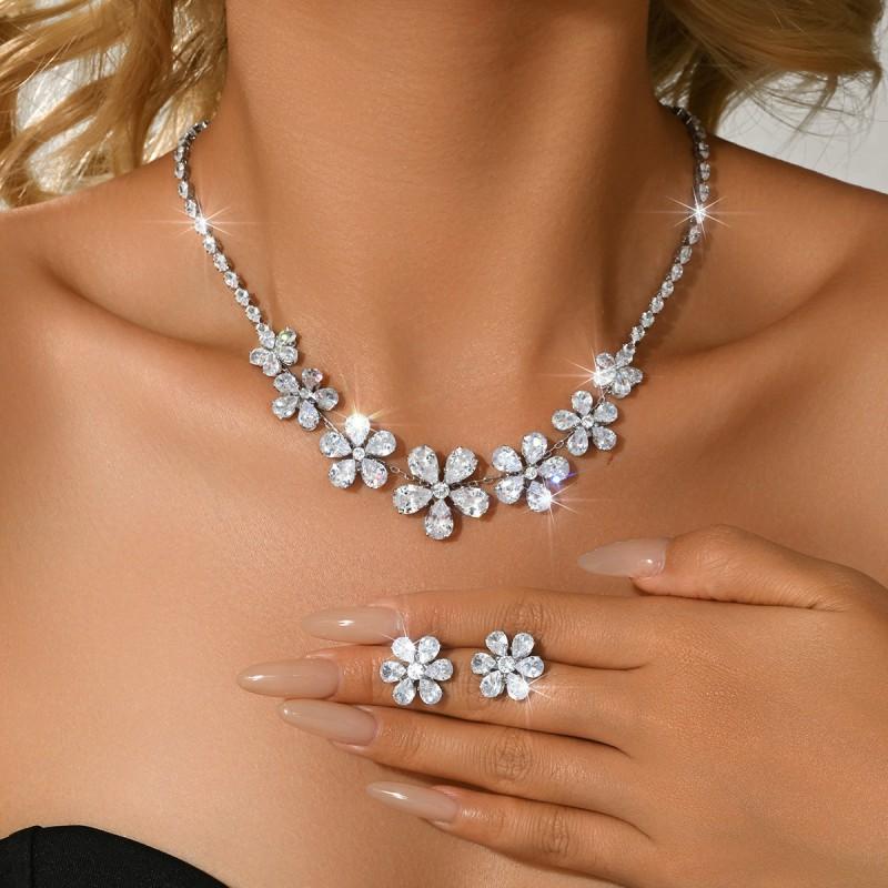Elegant Zircon Flower Earring Necklace Set Women Copper Plated Jewelry
